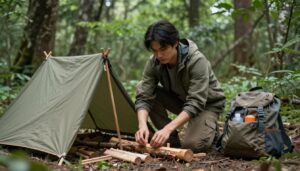 Pessoa sobrevivendo na floresta com equipamento básico de sobrevivência