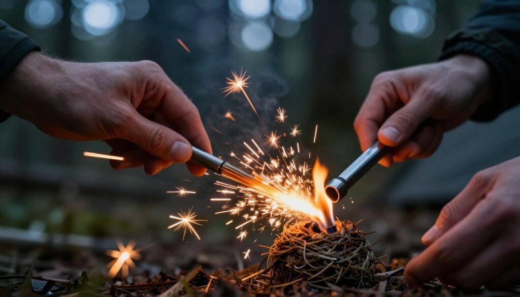Pessoa usando pederneira e aço para acender fogo em ambiente de acampamento