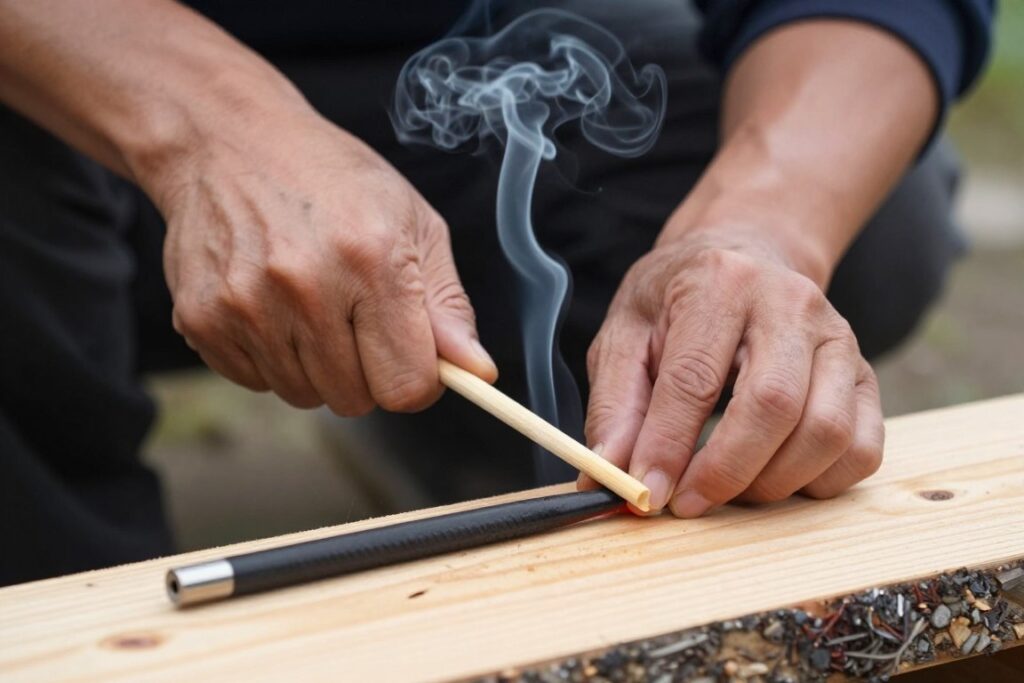 Pessoa usando técnica de fricção com as mãos para fazer fogo