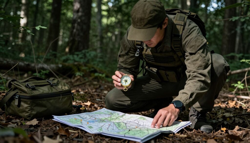 Pessoa utilizando bússola militar durante exercício de navegação tática