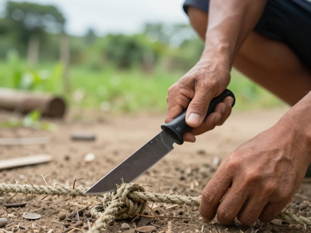 Pessoa utilizando canivete em ambiente rural para atividades de trabalho