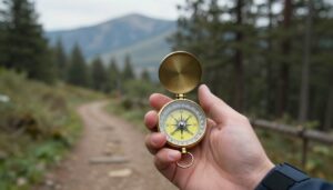 Pessoa utilizando uma bússola em uma trilha na natureza