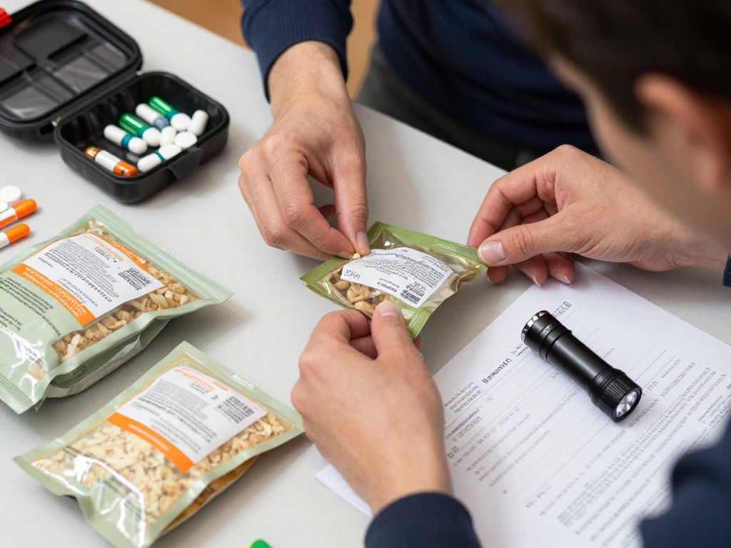 Pessoa verificando e atualizando itens de um kit de sobrevivência