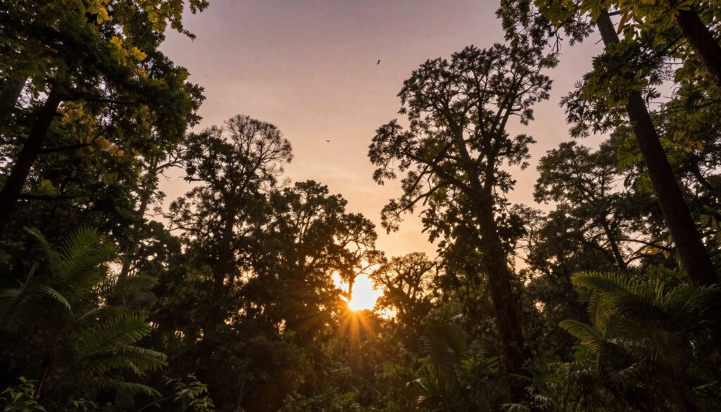 Pôr do sol sobre o dossel de uma das maiores florestas do mundo