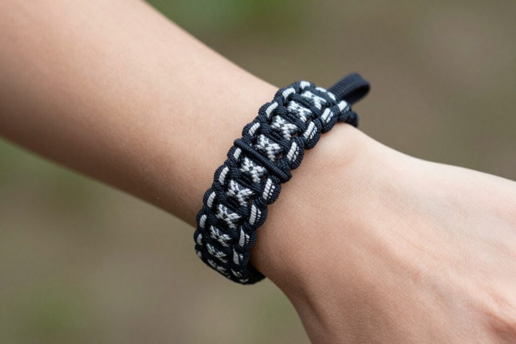 Pulseira de paracord em padrão cobra sendo usada no pulso