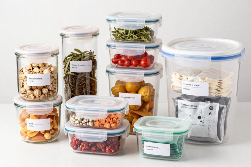 Recipientes herméticos com absorvedores de oxigênio para armazenamento de alimentos