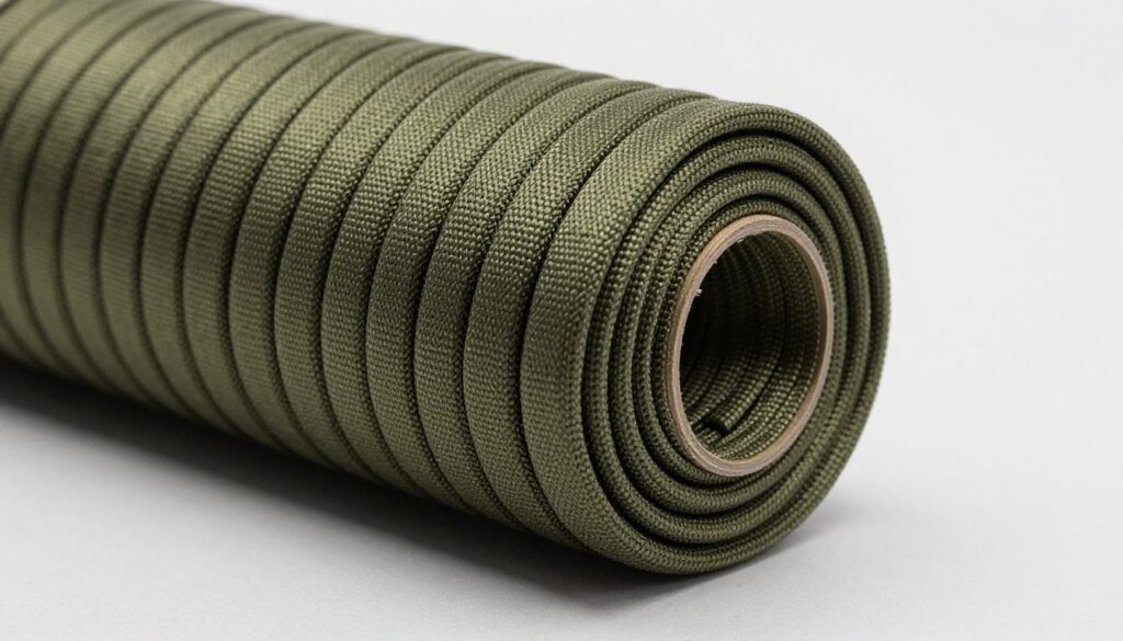 Rolo de paracord tipo III 550 em verde militar com detalhes dos fios internos expostos