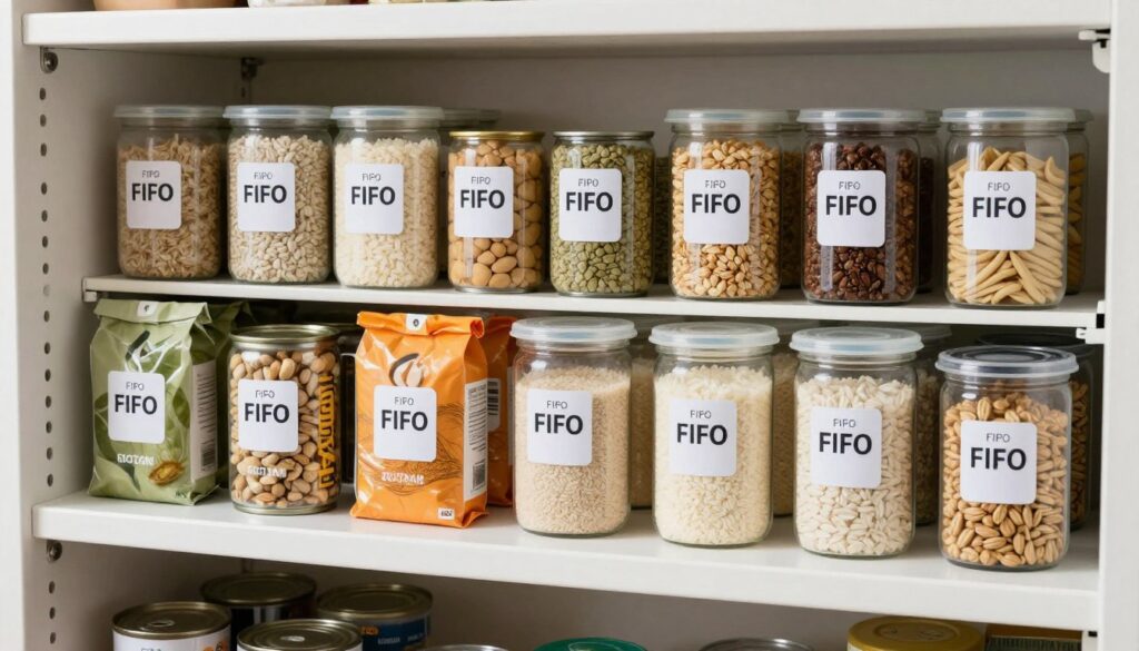 Sistema de rotação FIFO sendo aplicado em prateleiras de alimentos armazenados