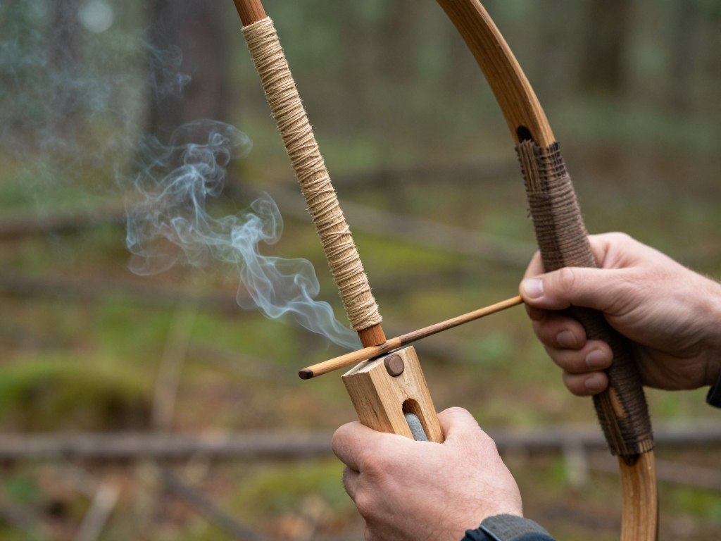Técnica de arco e broca para fazer fogo utilizando madeira e pedra