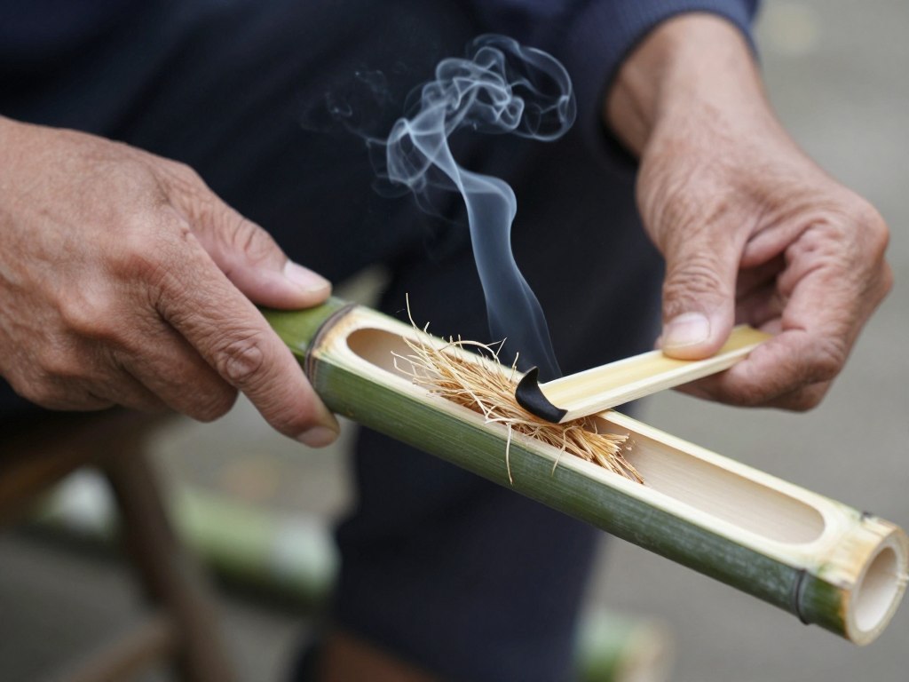 Técnica de fazer fogo usando bambu e fibras secas