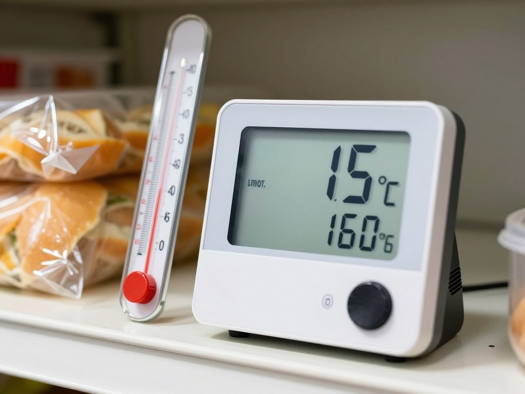 Termômetro e higrômetro mostrando condições ideais para armazenamento de alimentos