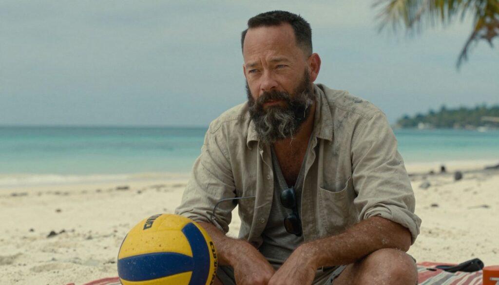 Tom Hanks como Chuck Noland conversando com Wilson em Náufrago