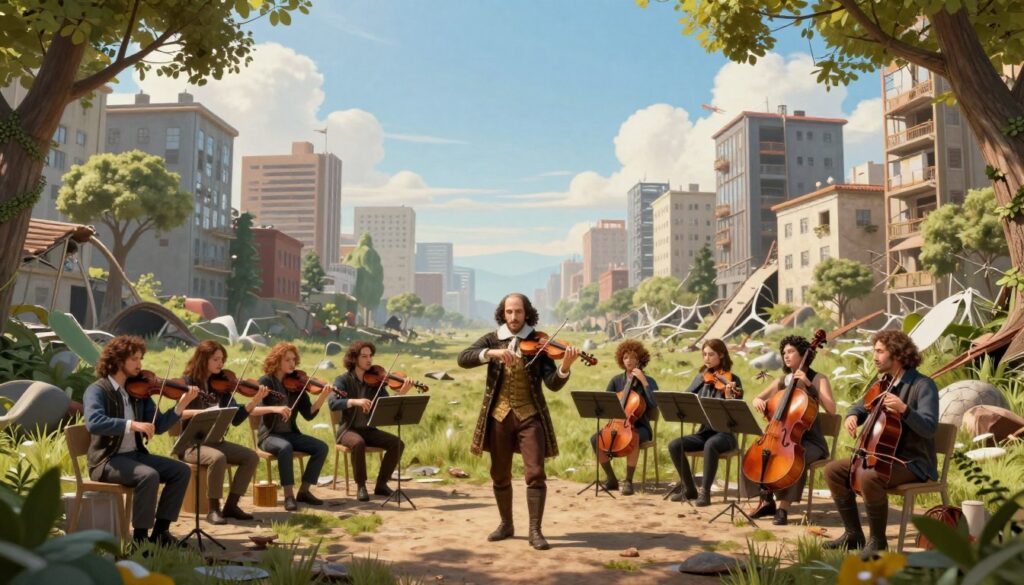 Trupe de atores viajantes em Station Eleven apresentando Shakespeare em um mundo pĂłs-pandĂȘmico