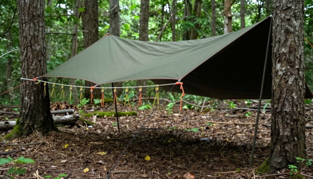 Uso de paracord para montar um abrigo improvisado na floresta