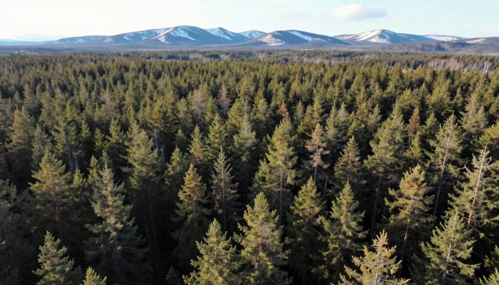 Vista aérea da maior floresta do mundo, a Taiga, mostrando sua vasta extensão de coníferas